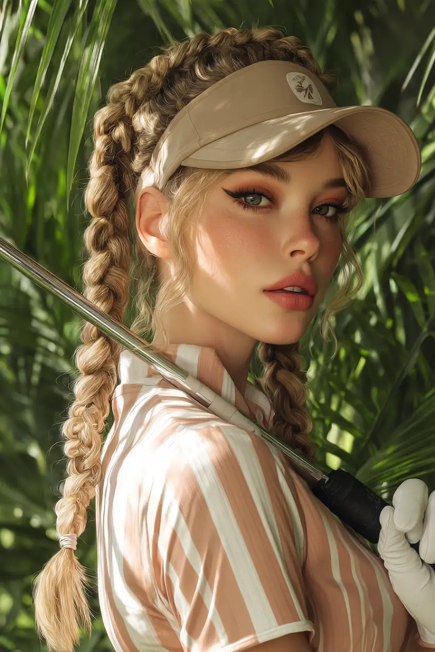 30 Sleek Golf Hairstyles: Polished and Practical Styles for Game Day Glam 11 #10. Double Dutch Braids with Natural Texture and Visor