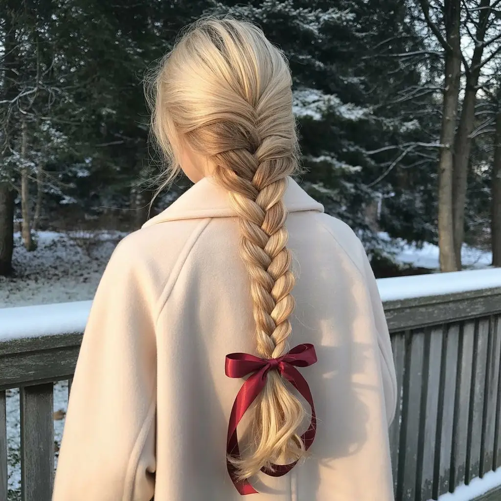 #10. Dutch Braid with Burgundy Ribbon Accent