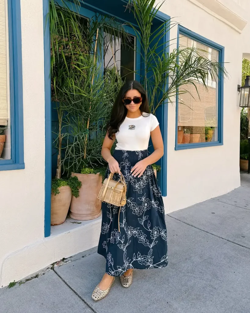 20 Preppy Outfit Ideas for a Polished Travel Wardrobe 11 #10. Embroidered Maxi Skirt and Fitted Tee – Effortless Preppy with a Coastal Spin