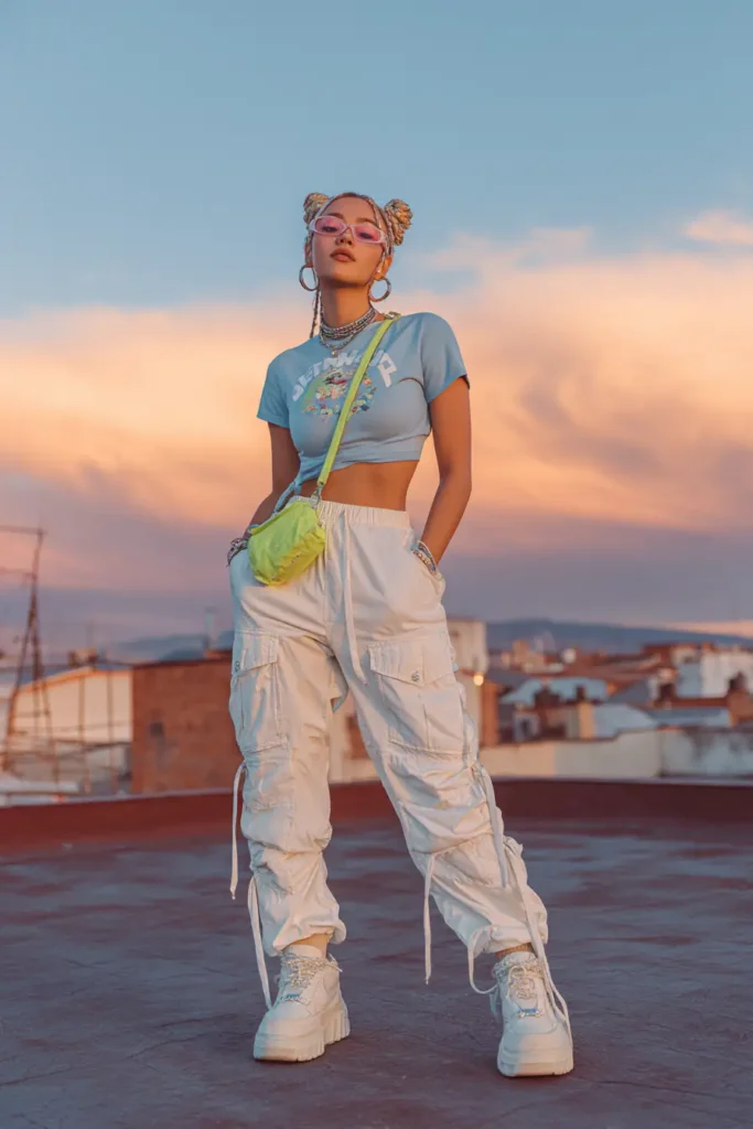 #10. Graphic Crop Tee with Cargo Pants and Platform Sneakers