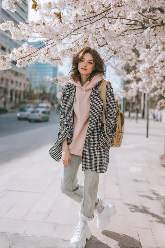 #10. Houndstooth Oversized Blazer with Pink Hoodie and Rolled Denim