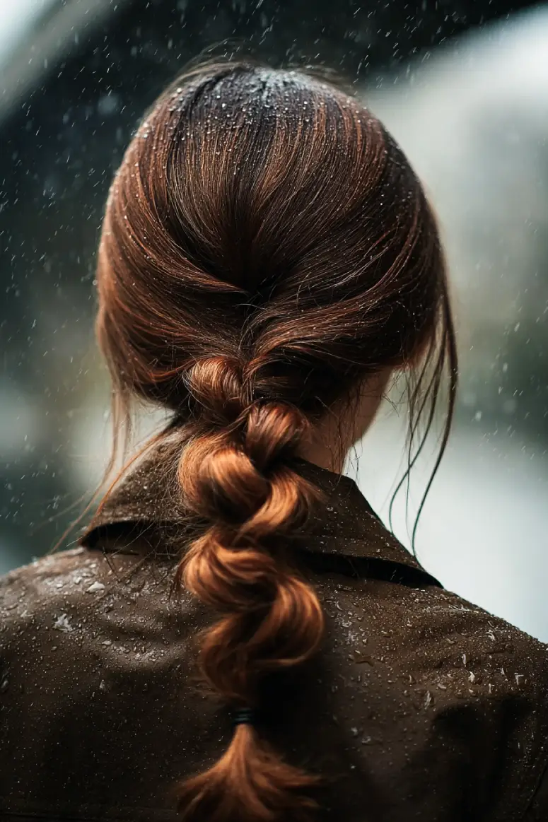 21 Sleek Rainy-Day Hairstyles: Easy Ways to Tame the Frizz 11 #10. Low Bubble Braid with Rain-Tousled Texture