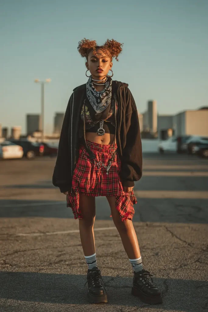 #10. Plaid Mini Skirt with Band Tee and Oversized Zip Hoodie