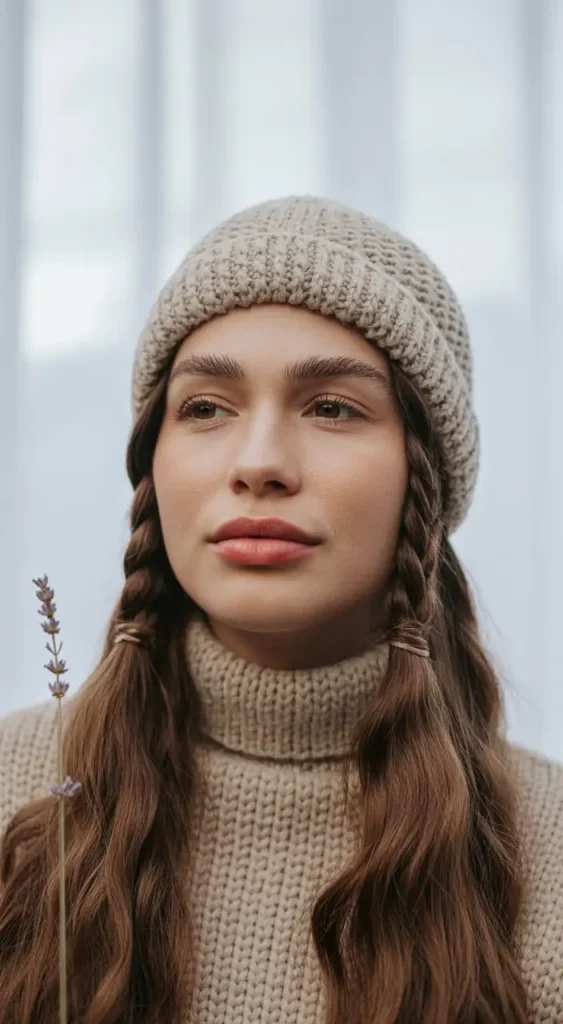20 Chic Beanie Hairstyles: Fashionable Pairings for Cold-Weather Days 11 #10. Soft Braided Pigtails with Chunky Knit Beanie