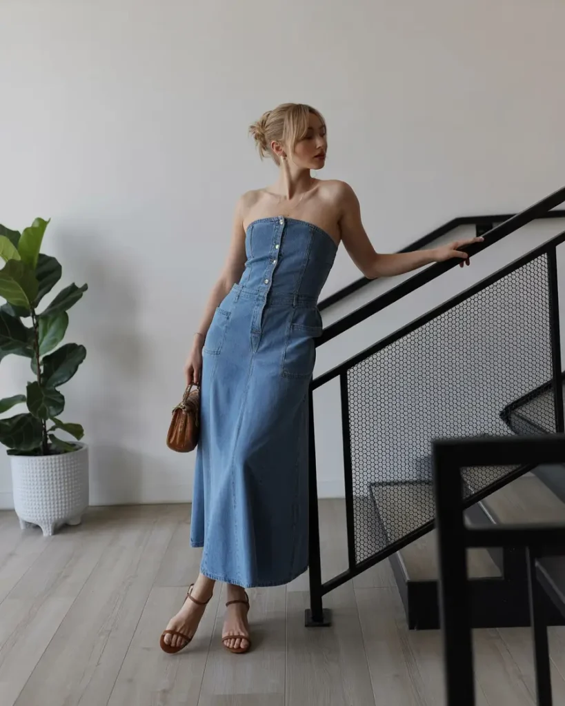 #10. Strapless Denim Midi with Tan Strappy Sandals