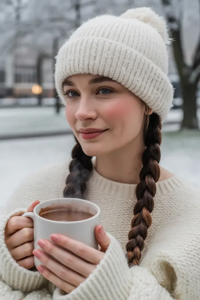 15 Festive Christmas Tree Hairstyles Ideas: Fun & Creative Holiday Looks 11 #10. The Cozy Knit Beanie Braids