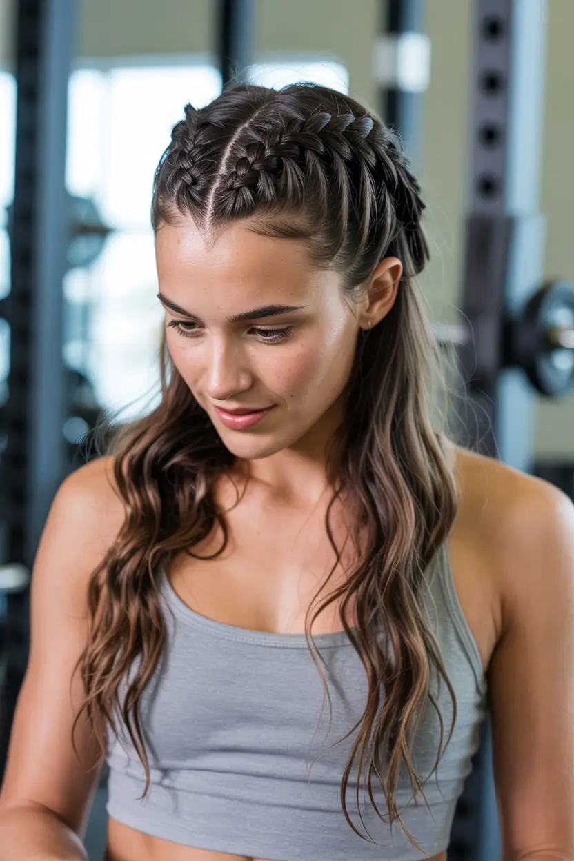 16 Fresh Gym Hairstyles: Low-Fuss Hairdos That Blend Function with Flair 11 #10. The Crown Braid for All-Day Training