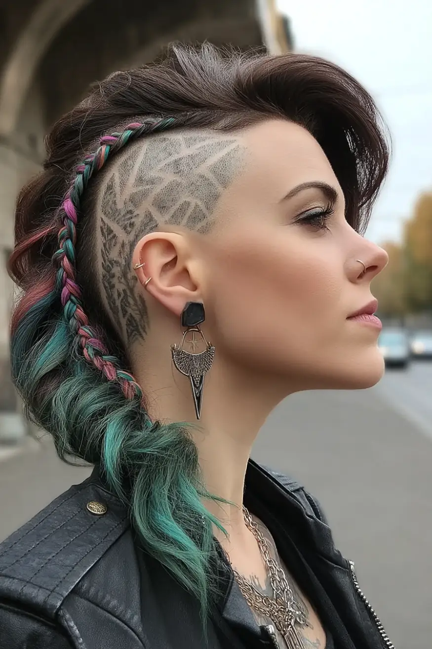#10. Tribal Shaved Mohawk with Braided Teal Ombre