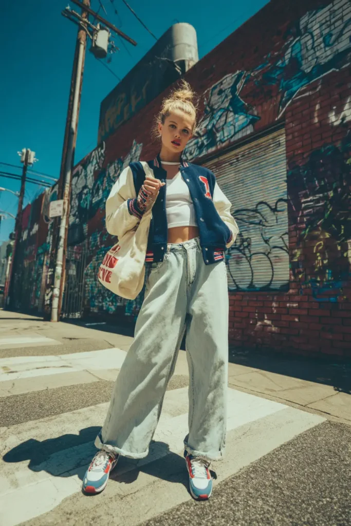 #10. Varsity Jacket with Baggy Jeans and Cropped Tank