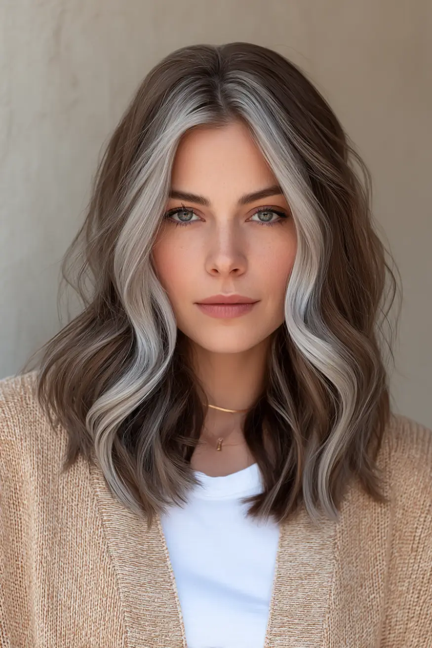 24 Striking Brown Hair with Silver Highlights Ideas: Sophisticated Looks to Refresh Your Style 12 #11. Ash Brown Waves with Silver Money Piece Highlights