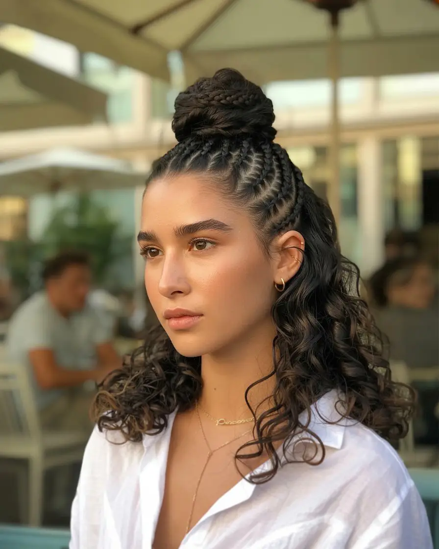 20 Eye-Catching Small Braids Hairstyles: Bold Looks to Elevate Your Hair Game 12 #11. Braided Top Knot with Curly Ends