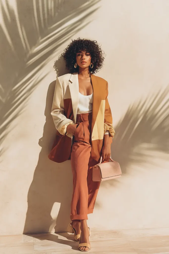 #11. Colorblock Oversized Blazer with High-Waisted Rust Trousers and Neutral Heels