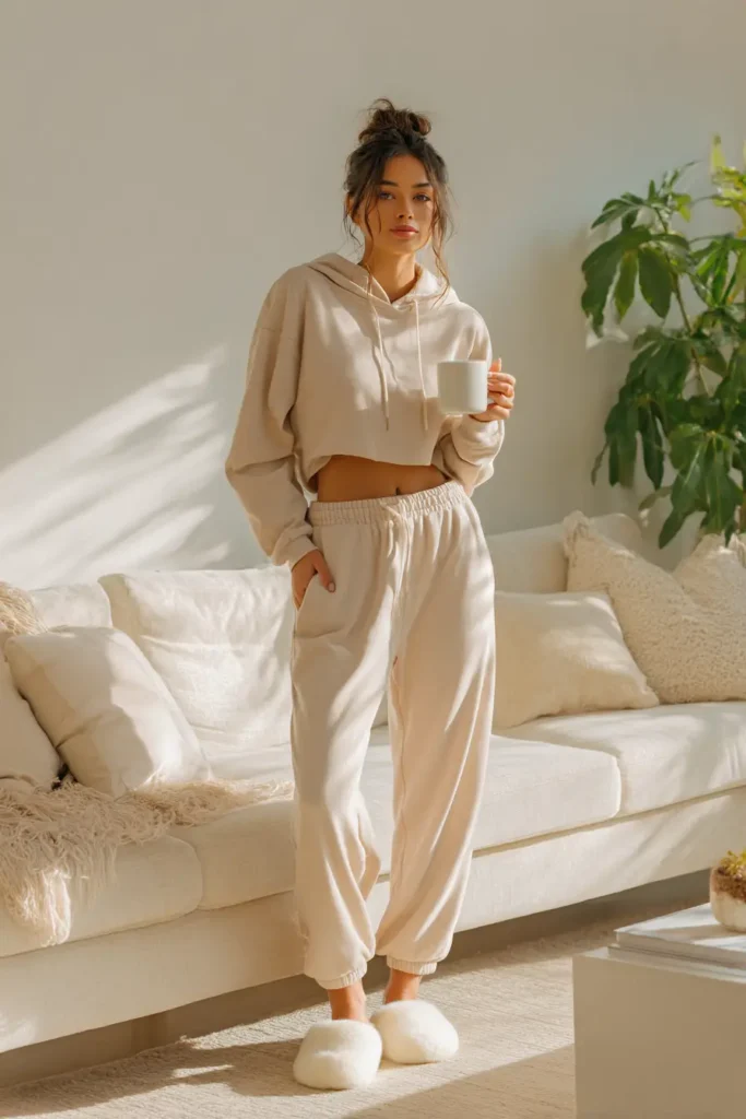 #11. Cropped Hoodie with Joggers and Fluffy Slippers