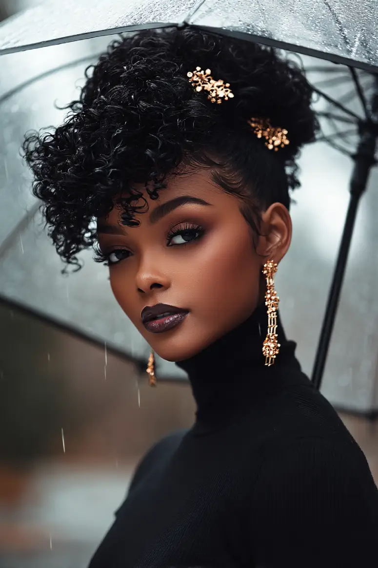21 Sleek Rainy-Day Hairstyles: Easy Ways to Tame the Frizz 12 #11. Curly High Puff with Gold Accent Pins