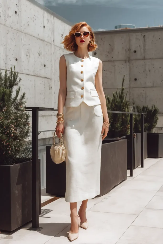 #11. Ivory Button-Up Vest and Midi Skirt Set with Nude Heels