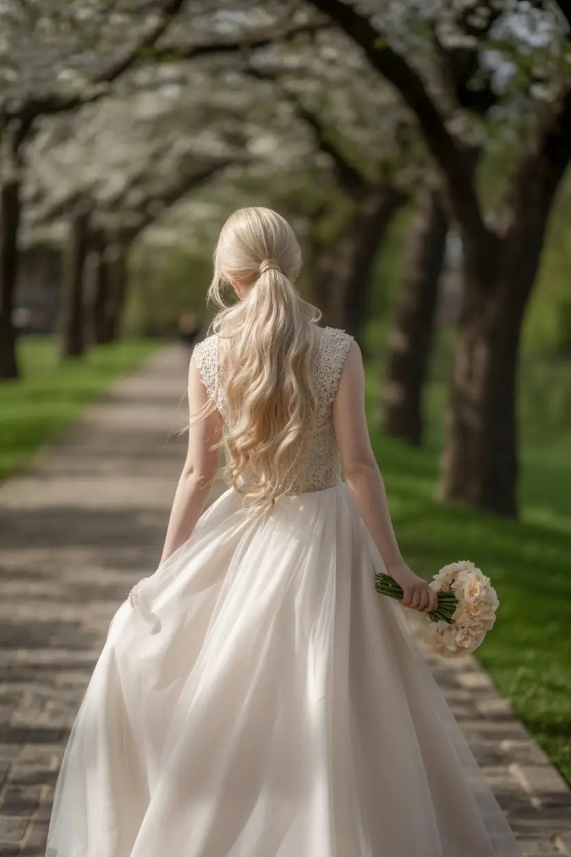 16 Graceful Wedding Hairstyles For Long Hairs: Picture-Ready Styles for Long Locks 12 #11. Loose Ponytail with Cascading Waves