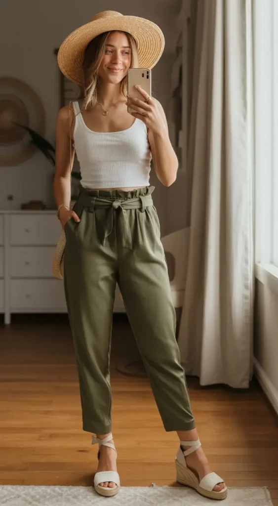 #11. Paperbag Waist Trousers with Ribbed Tank and Straw Hat