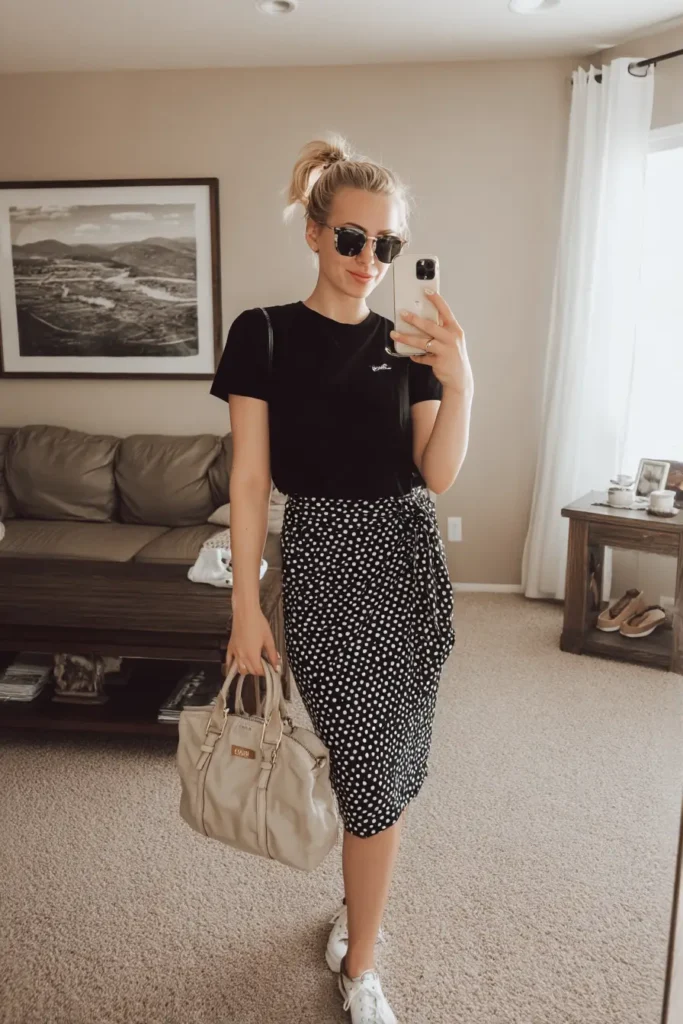 #11. Polka Dot Wrap Skirt with Classic Black Tee