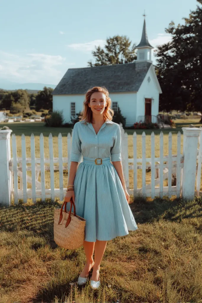 20 Graceful Church Outfit Ideas: Chic and Respectful Styles to Inspire 12 #11. Powder Blue Shirt Dress with Belt – Country Grace with Classic Spirit