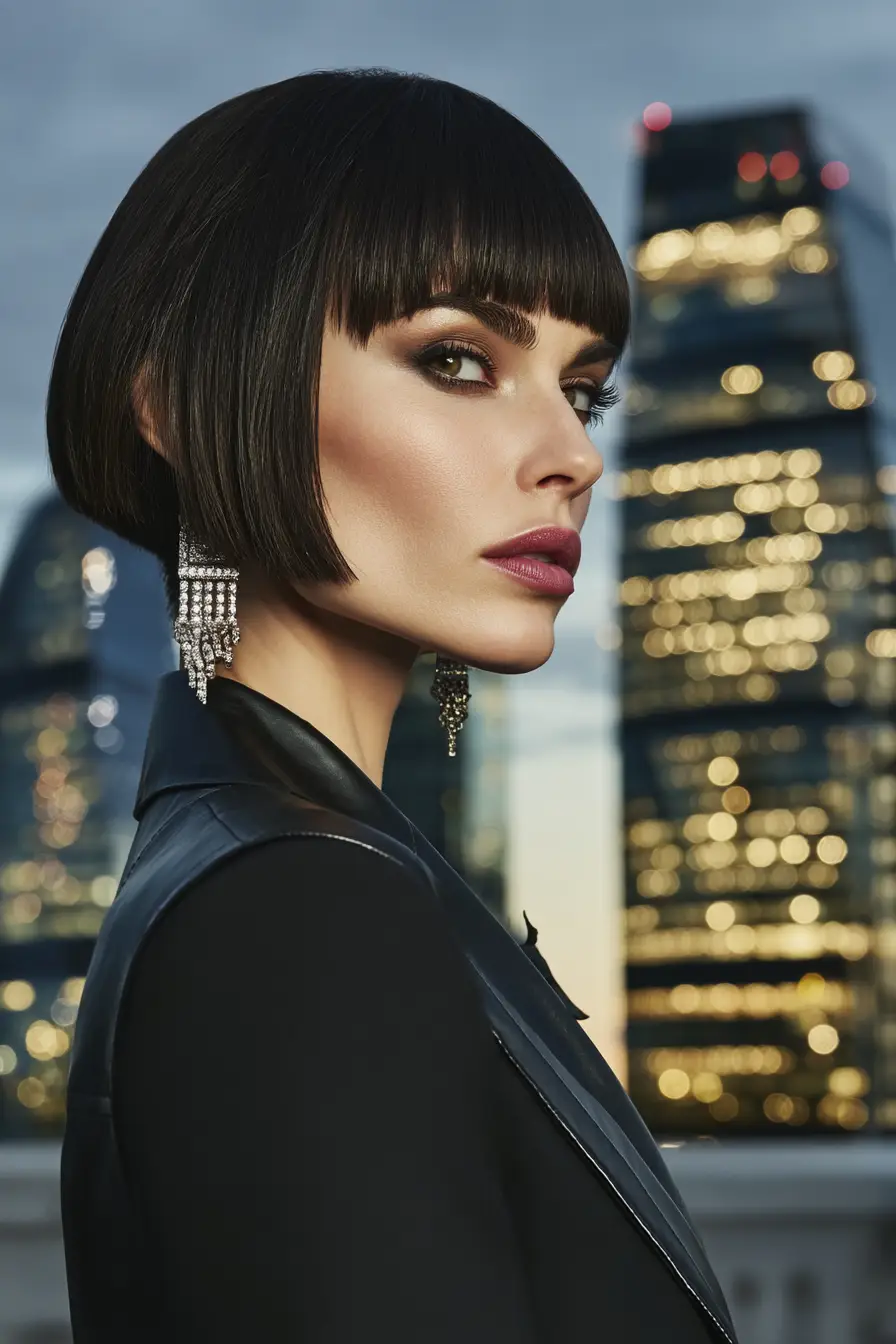 #11. Sculpted Jet-Black Bob with Blunt Bangs