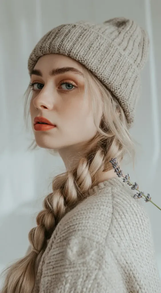 20 Chic Beanie Hairstyles: Fashionable Pairings for Cold-Weather Days 12 #11. Side Braid Elegance with Soft Knit Layers