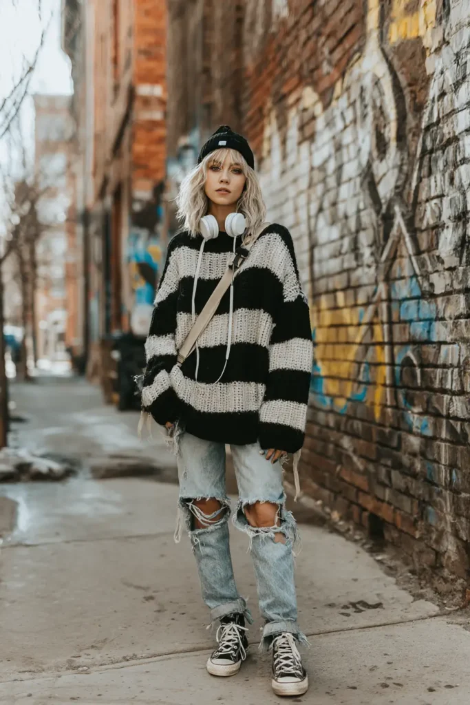 #11. Striped Knit Sweater with Distressed Denim and Beanie