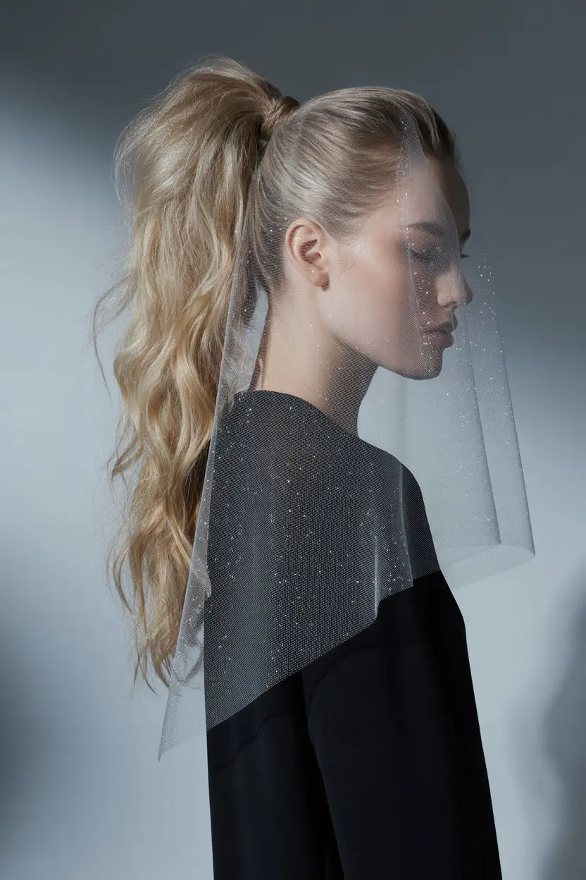 15 Ethereal Wedding Hairstyles With Veil: Soft and Stunning Bridal Inspirations 12 #11. Textured Ponytail with Waterfall Veil