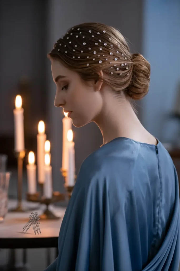 15 Festive Christmas Tree Hairstyles Ideas: Fun & Creative Holiday Looks 12 #11. The Crystal Snowfall Updo