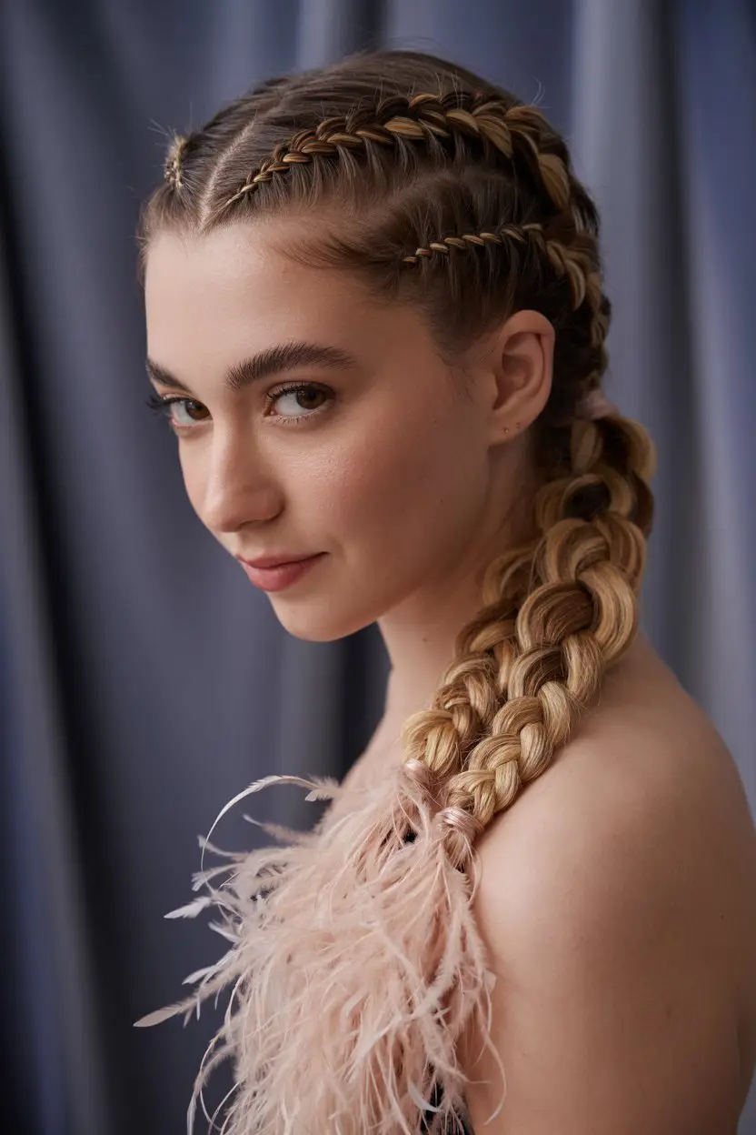 #11. Triple Braided Ponytail with Feather Extensions