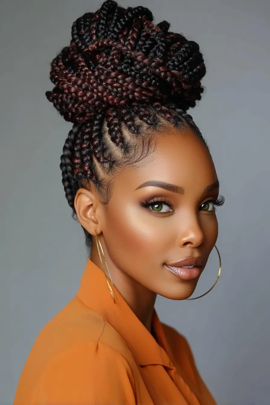 19 Stunning 4c Braided Hairstyles: Bold Looks That Celebrate Natural Texture 13 #12. Auburn Box Braids in a Crowned Top Bun