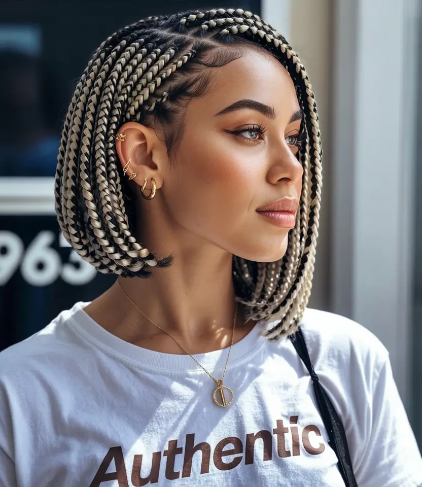 #12. Blonde and Black Box Braid Bob with Clean Side Part