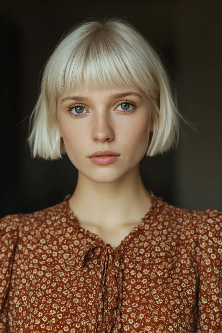 22 Bold Platinum Blonde Bob Hairstyles: Fresh and Fierce Ideas for a Standout Look 13 #12. Blunt Platinum Bob with Soft Baby Bangs