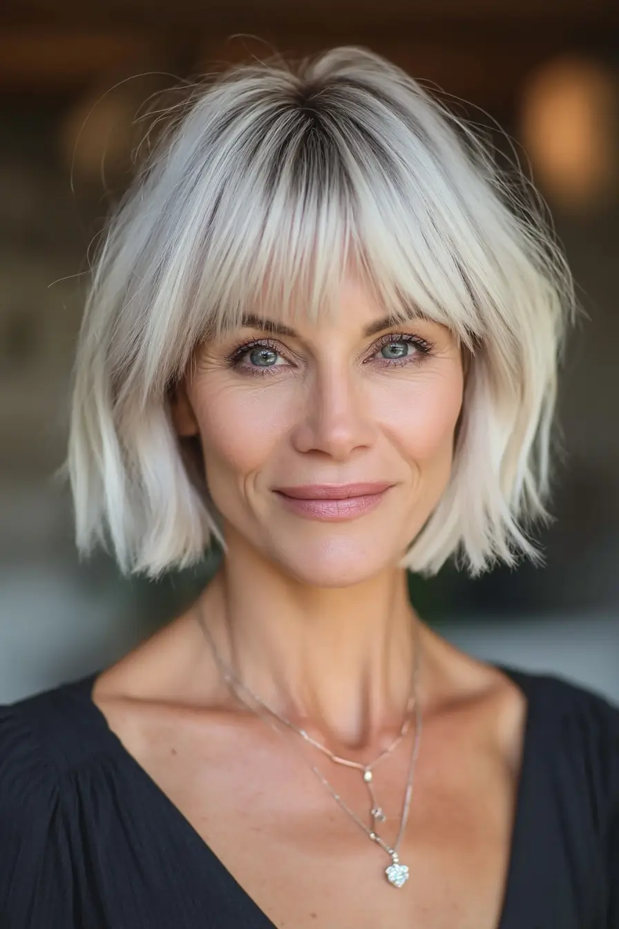 19 Flattering Hairstyles for Fine Hair: Volume-Boosting Looks That Feel Effortless 13 #12. Choppy Platinum Bob with Feathered Bangs