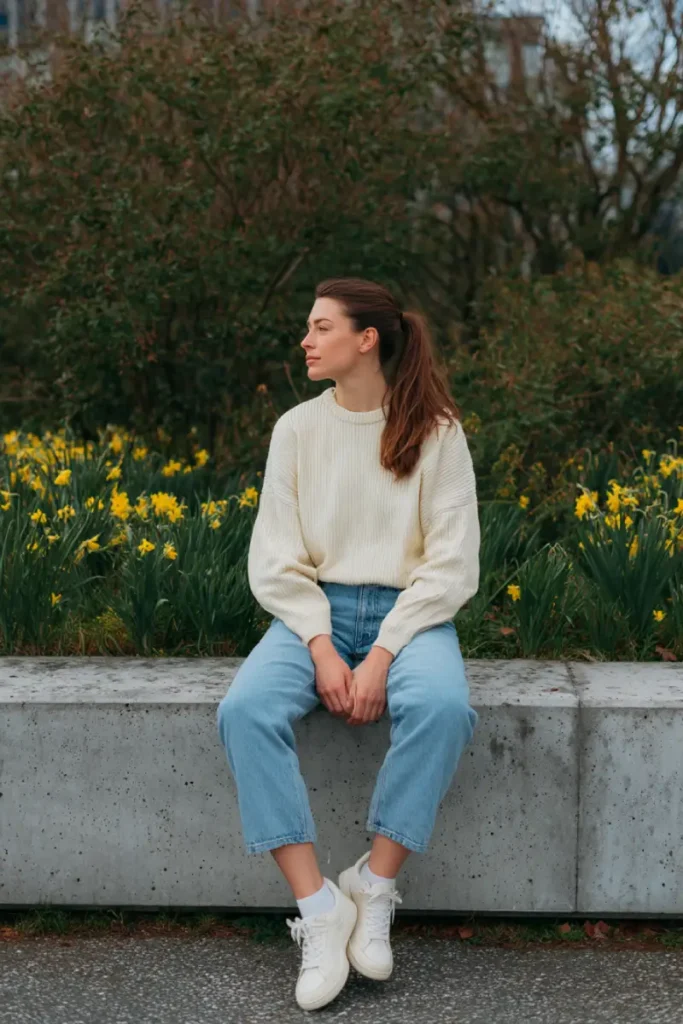 #12. Cream Knit Sweater with Cropped Blue Jeans and White Sneakers