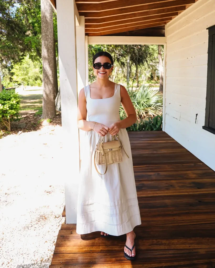 20 Preppy Outfit Ideas for a Polished Travel Wardrobe 13 #12. Cream Sundress on the Porch – Casual Preppy for Slow Southern Mornings
