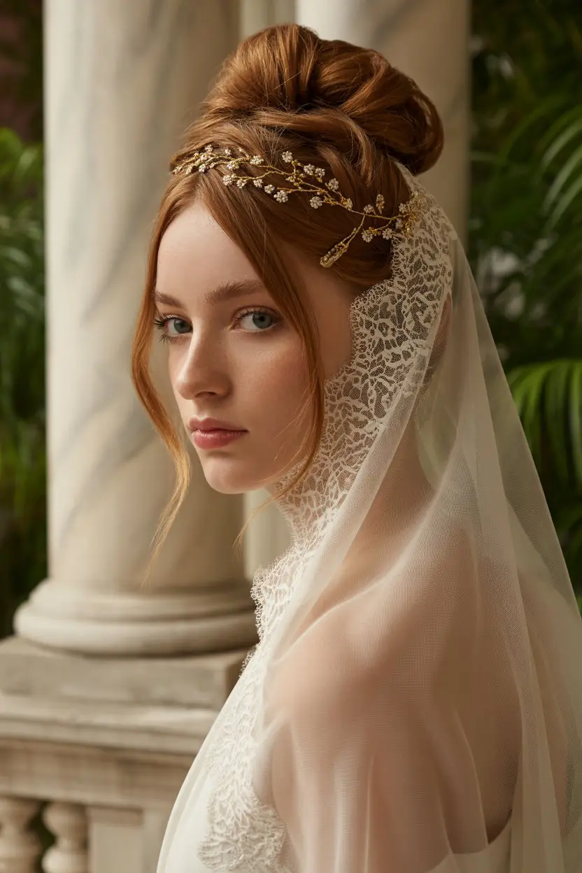 15 Ethereal Wedding Hairstyles With Veil: Soft and Stunning Bridal Inspirations 13 #12. Grecian Goddess Knot with Mantilla Edge Veil