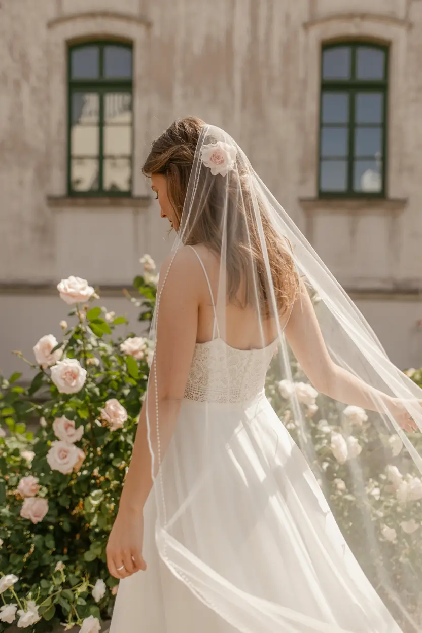 16 Graceful Wedding Hairstyles For Long Hairs: Picture-Ready Styles for Long Locks 13 #12. Half-Up Waves with Blush Veil Accent