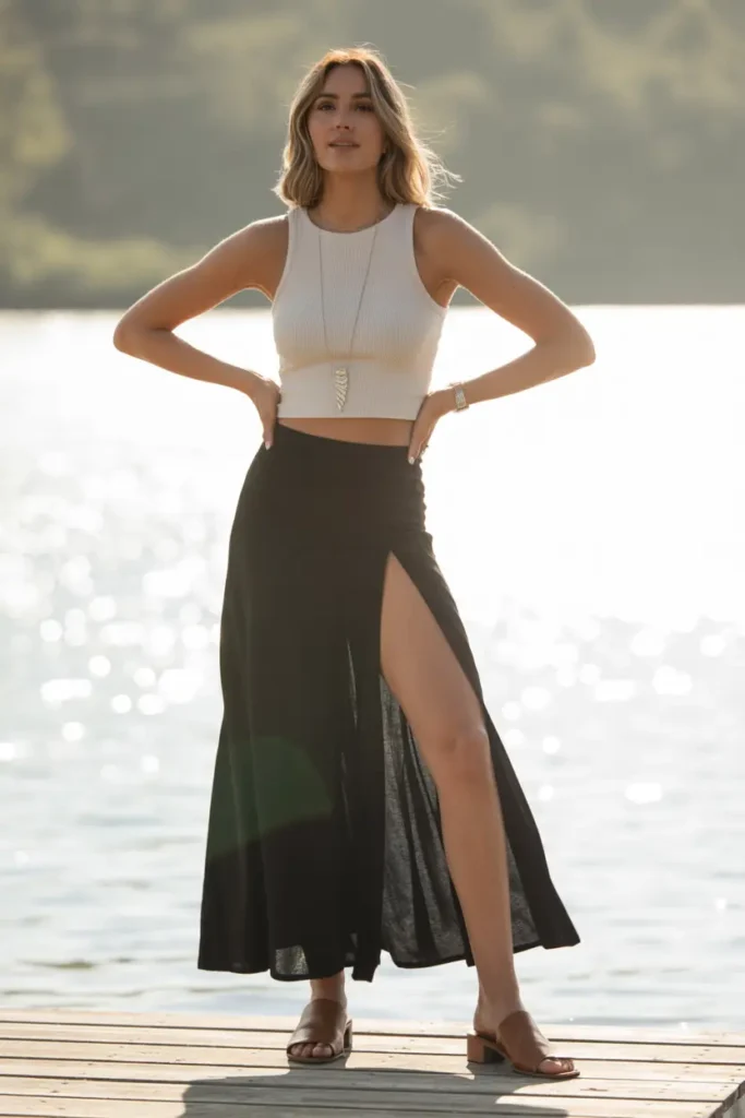 #12. High-Slit Black Maxi Skirt with Ribbed Tank and Slide Sandals