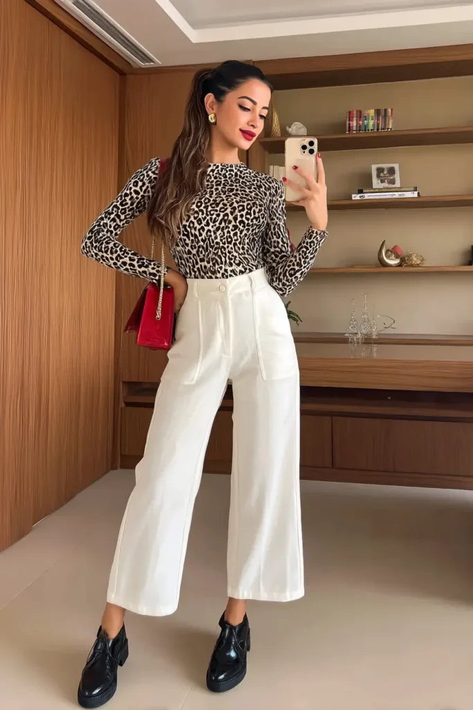 #12. Leopard Print Top with White Wide-Leg Trousers