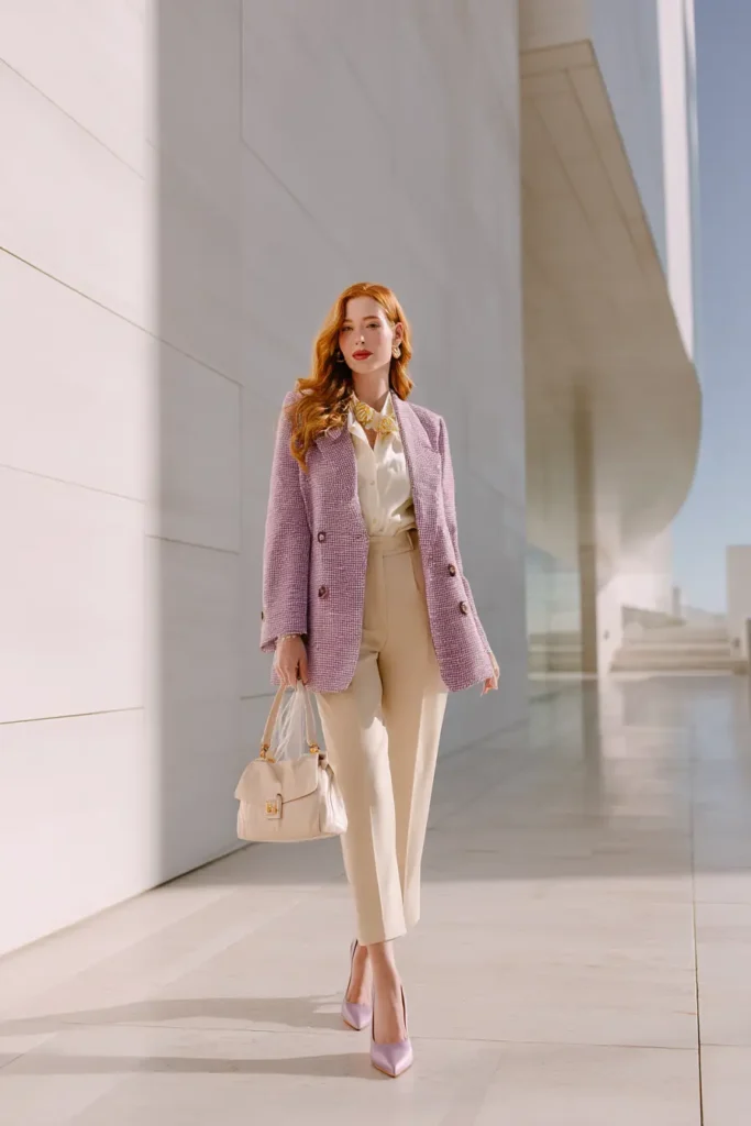 #12. Lilac Tweed Oversized Blazer with Silk Blouse and Cream Cigarette Pants