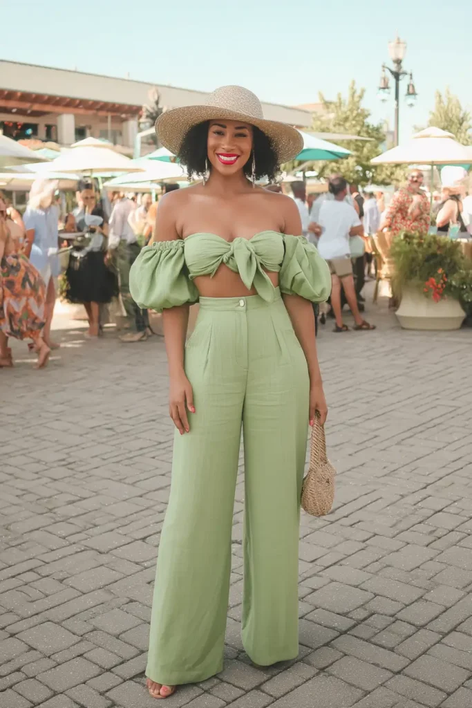 #12. Lime Green Off-Shoulder Co-Ord Set with Straw Accessories