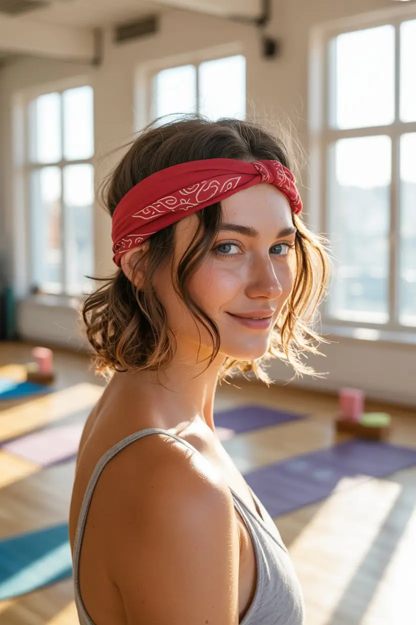 18 Relaxed Yoga Hairstyles: Low-Maintenance Styles with a Calm and Comfy Vibe 13 #12. Loose Waves with a Bandana for Retro Vibes