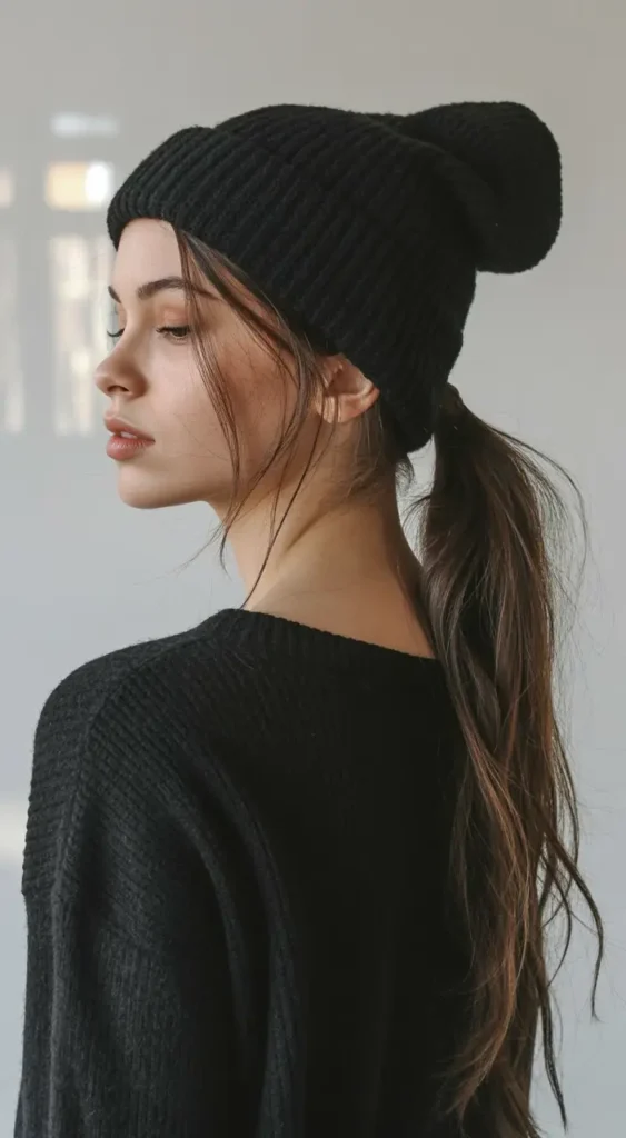 20 Chic Beanie Hairstyles: Fashionable Pairings for Cold-Weather Days 13 #12. Low Ponytail with Slouchy Black Beanie