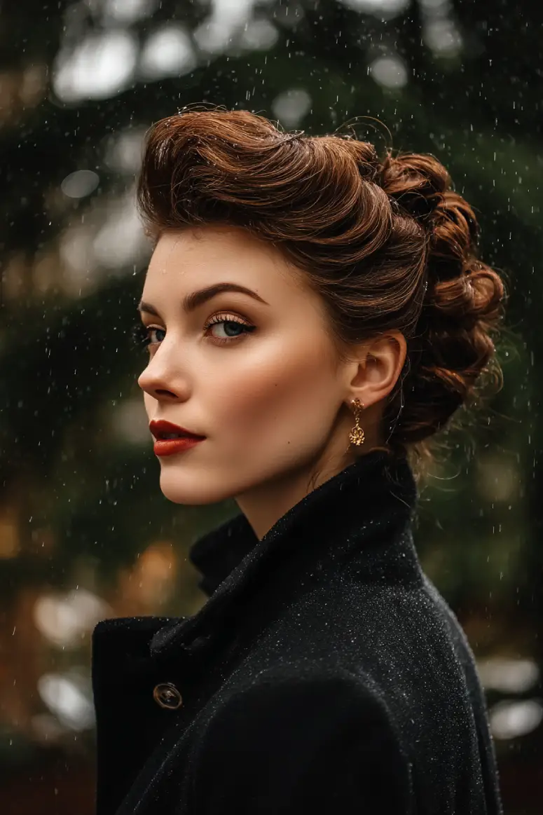 21 Sleek Rainy-Day Hairstyles: Easy Ways to Tame the Frizz 13 #12. Retro Victory Roll Updo with Pin Curls