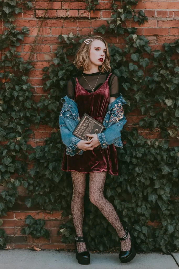 #12. Velvet Slip Dress with Fishnet Tights and Embellished Denim Jacket