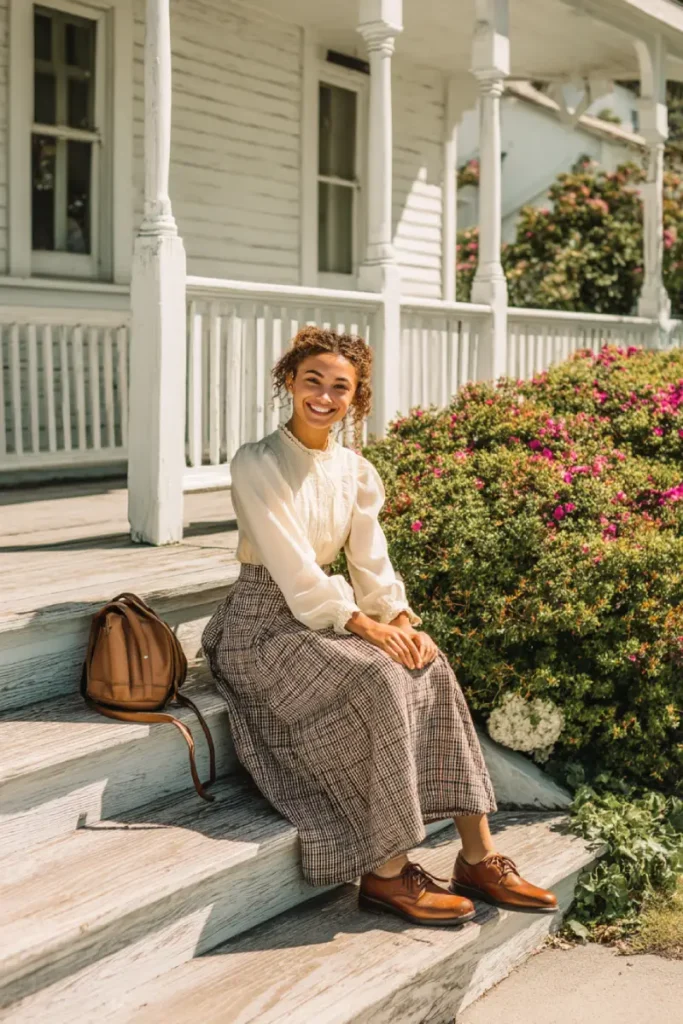 20 Graceful Church Outfit Ideas: Chic and Respectful Styles to Inspire 13 #12. Victorian-Inspired Blouse with Plaid Skirt – Modest Revival for a Pastoral Morning