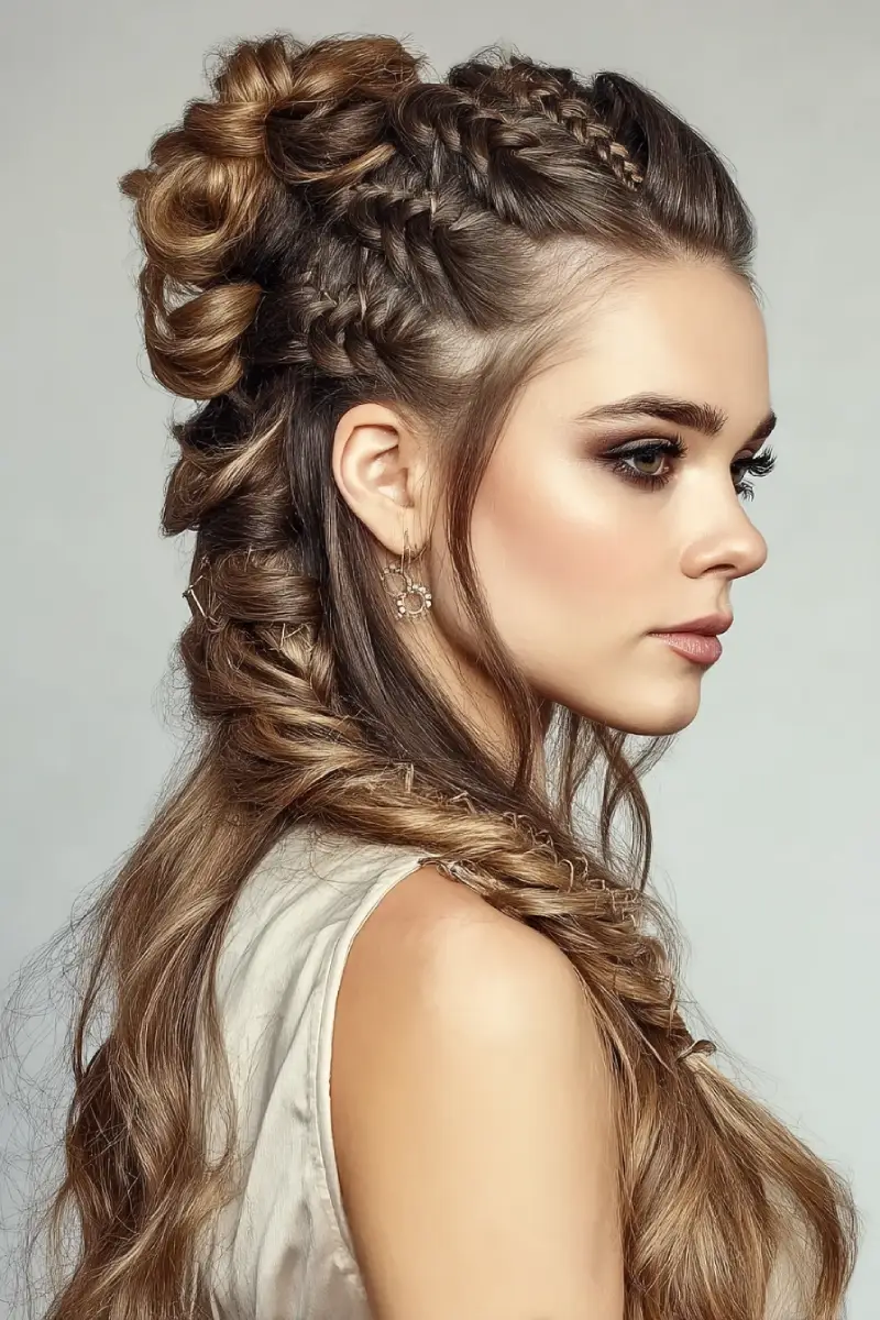#12. Viking-Inspired Braided Half-Updo with Loose Waves