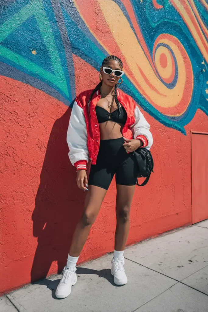 #13. Biker Shorts with Varsity Jacket and Crop Bralette