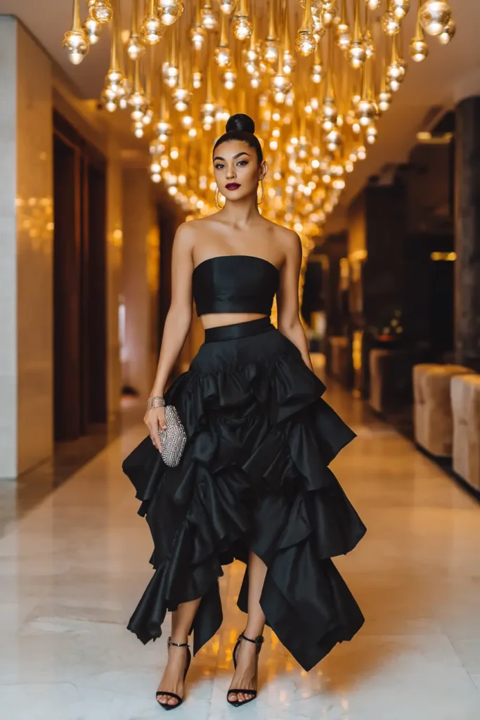 #13. Black Bandeau Top with Ruffled High-Low Skirt and Crystal Clutch