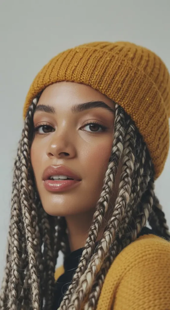 20 Chic Beanie Hairstyles: Fashionable Pairings for Cold-Weather Days 14 #13. Blonde Box Braids with Mustard Knit Beanie